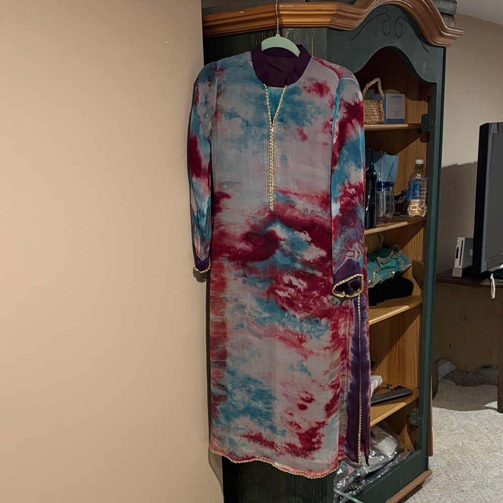 Tie-Dye Long Tunic Dress with Gold Trim